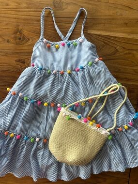 Tommy Bahama 3T Blue White Dress w/ Colorful Pompoms + Matching Purse